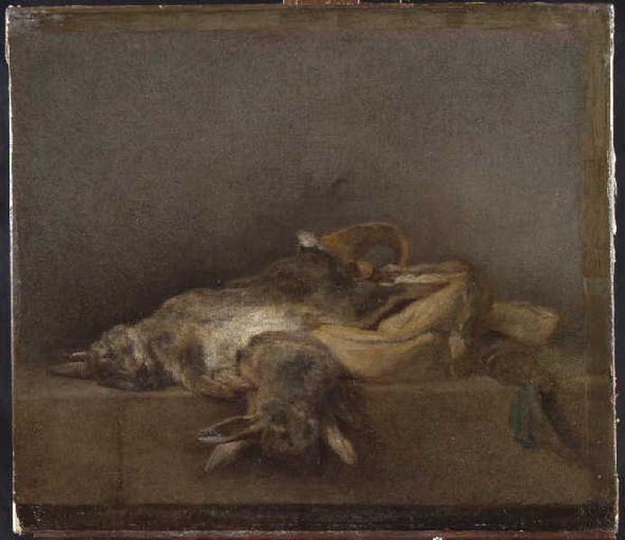Nature morte avec deux lapins, une gibecière et une poire à poudre