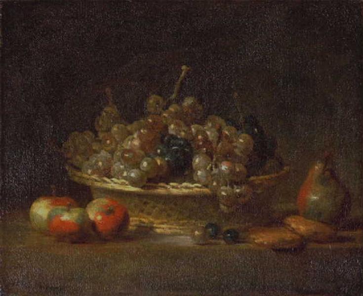Nature morte à la corbeille de raisins, avec trois pommes, une poire et deux massepains