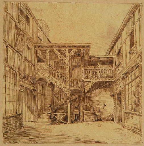Amiens : cour et escalier de la maison de l'Ange d'Or, rue des Orfèvres, (vers 1850) ; Amiens : escalier d'une maison de la rue des Orfèves