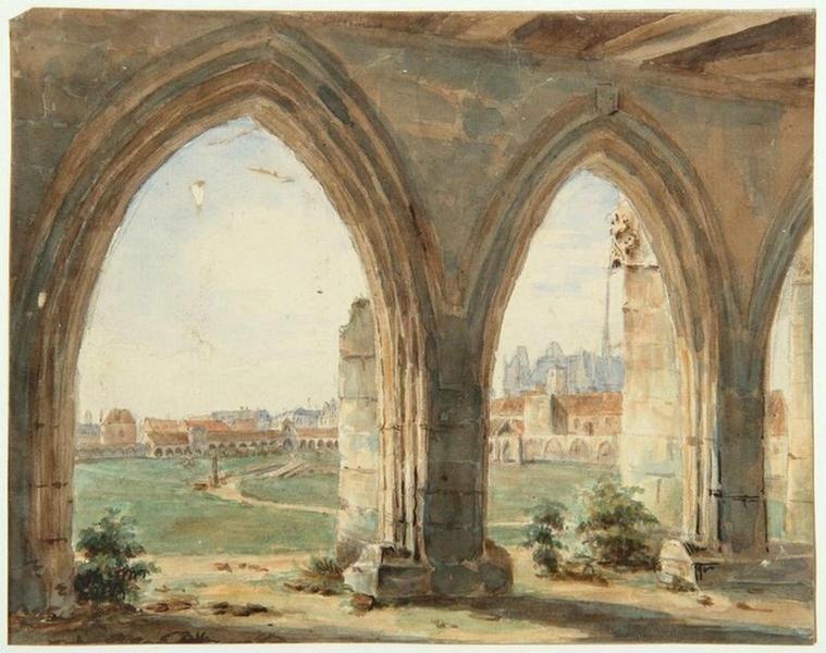 Amiens : cimetière Saint-Denis depuis le grand cloître ; Amiens : cimetière Saint-Denis. Vue prise sous le grand cloître (autre titre)