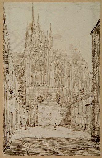 Amiens : bras sud du transept de la cathédrale depuis l'ancienne rue du Cloître Saint-Nicolas, en cours d'élargissement ; Amiens : rue du cloître Saint-Nicolas. Vue prise lors d'un premier élargissement de la rue côté Est