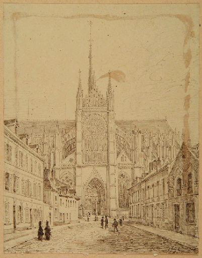 Amiens : bras sud du transept de la cathédrale depuis l'ancienne rue du Cloître Saint-Nicolas, aprés son élargissement ; Amiens : rue du cloître Saint-Nicolas en 1872