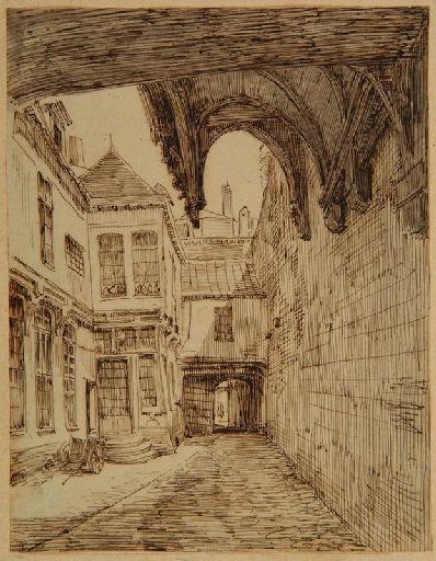 Amiens : la cour de la maison dite du Blanc-pignon, place du Marché Lanselles ; Amiens : place du marché Lanselles. Maison dite du 'Blanc-Pignon'. XVe siècle