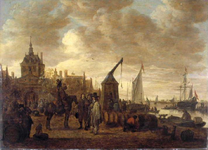 Marchands de vin et dégustateur à cheval sur un quai à Dordrecht