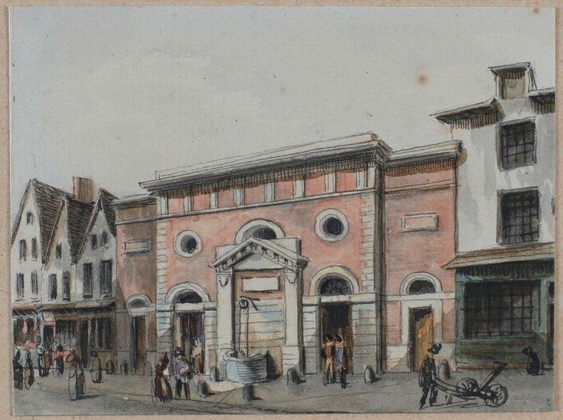 Amiens : la façade de la boucherie neuve, rue des Trippes, (vers 1840) ; Amiens : boucherie neuve (autre titre)