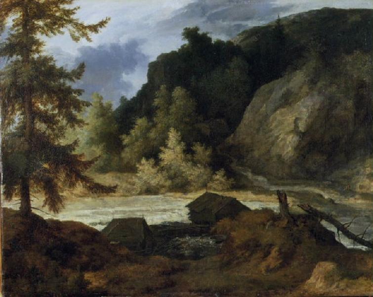 Paysage rocheux avec deux cabanes au bord d'un torrent dans une forêt