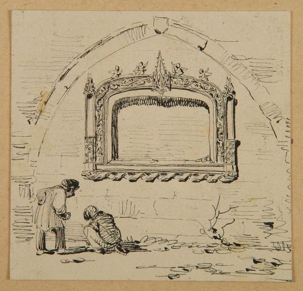 Amiens : deux enfants jouant devant un enfeu funéraire dans le cloître du cimetière Saint-Denis ; Amiens : cimetière Saint-Denis. Vestiges de monument placés dans le cloître (autre titre)