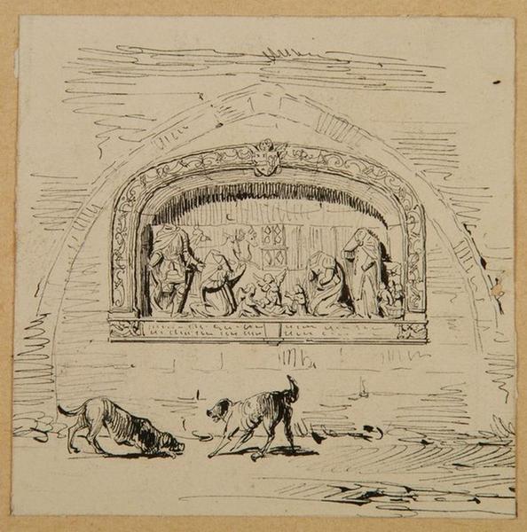 Amiens : deux chiens devant un relief funéraire dans le cloître du cimetière Saint-Denis ; Amiens : cimetière Saint-Denis. Vestiges de monument