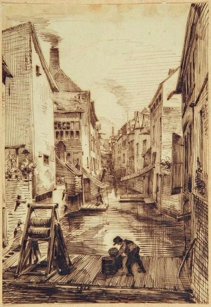 Amiens : ateliers artisanaux donnant sur un canal près du pont à Moinet ; Amiens : Pont-à-Moinet (autre titre)