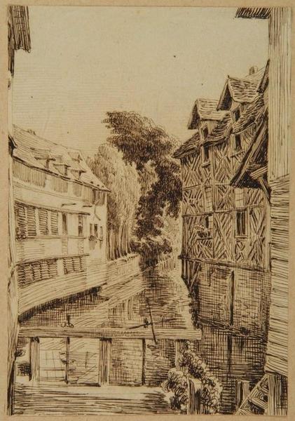 Amiens : bâtiments artisanaux sur le canal des Clairons, depuis la chaussée Saint-Pierre ; Amiens : rue des Clairons. Canal des Clairons, vu de la chaussée Saint-Pierre