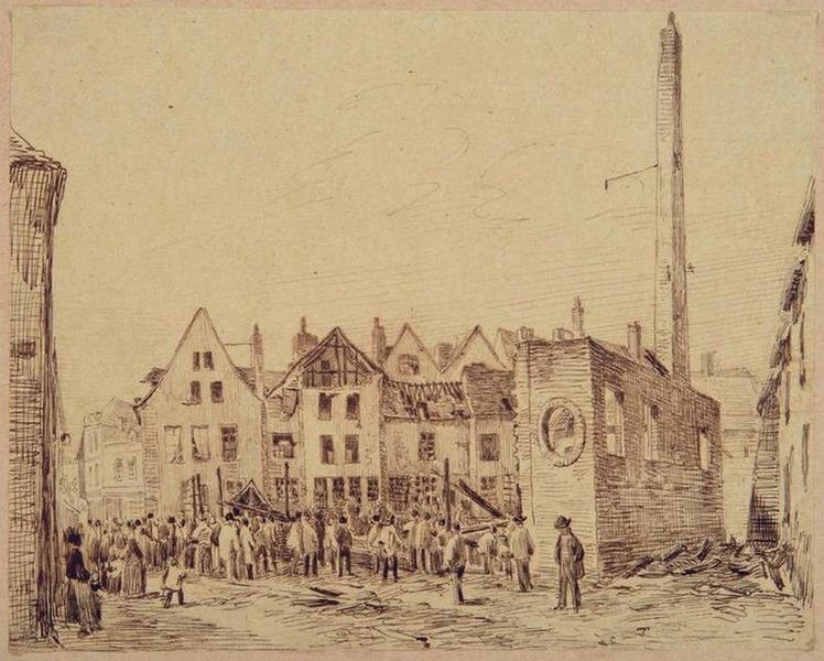 Amiens : fabrique incendiée rue de la Veillière, (vers 1850) ; Amiens : la Veillère (fabrique incendiée)