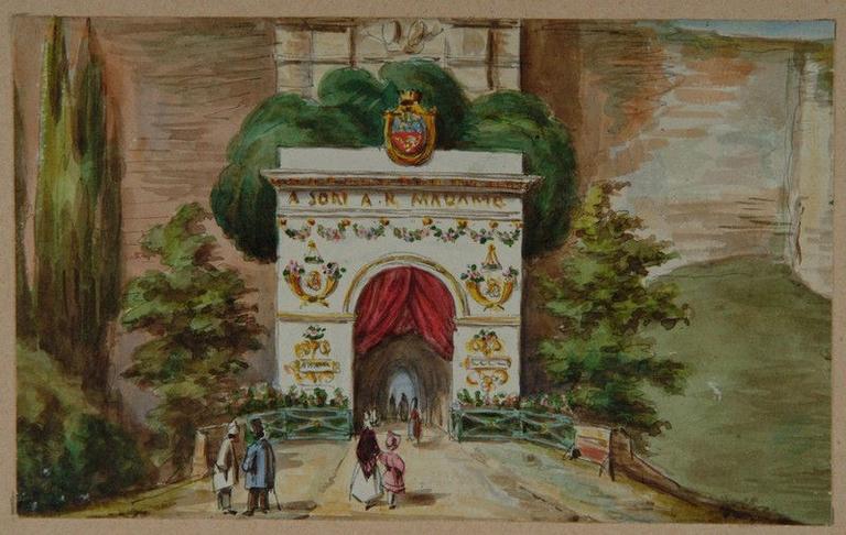 Amiens : la porte Saint-Pierre décorée à l'occasion de la venue de la duchesse de Berry en 1825, (1825) ; Amiens : décoration de la porte Saint-Pierre (face extérieure) pour l'entrée à Amiens de son A. R. Madame la Duchesse de Berry en 1825