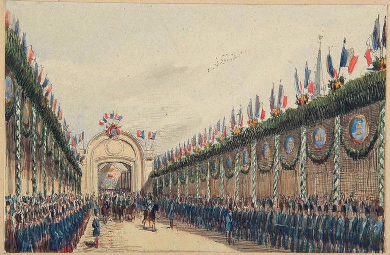 Amiens : décor dressé dans la cour de la gare pour la venue de l'empereur Napoléon III et de l'impératrice, le 28 septembre 1853, (1853) ; Amiens : voyage de Napoléon III et de l'Impératrice. Cour de la gare, 28 septembre 1853