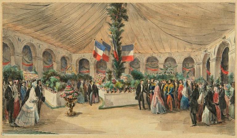 Amiens : visite de l'empereur Napoléon III et de l'impératrice à l'exposition d'horticulture dans la cour du lycée le 29 septembre 1853, (1853) ; Amiens : voyage de l'Empereur Napoléon III et de l'Impératrice, le 29 septembre 1853. Visite de leurs majestés à l'exposition d'horticulture dans la cour du lycée
