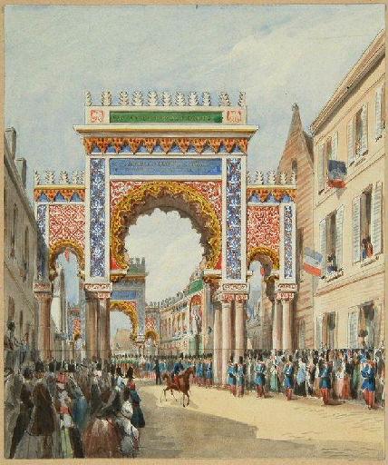 Amiens : arc de triomphe élevé par la Société des Antiquaires de Picardie rue de la République, à l'occasion de la venue de l'empereur Napoléon III et de l'impératrice les 28 et 29 septembre 1853, (1853) ; Amiens : voyage de l'Empereur Napoléon III et de l'Impératrice les 28 et 29 septembre 1853. Arc de triomphe élevé par la Société des Antiquaires de Picardie, entre la Préfecture et l'Arsenal