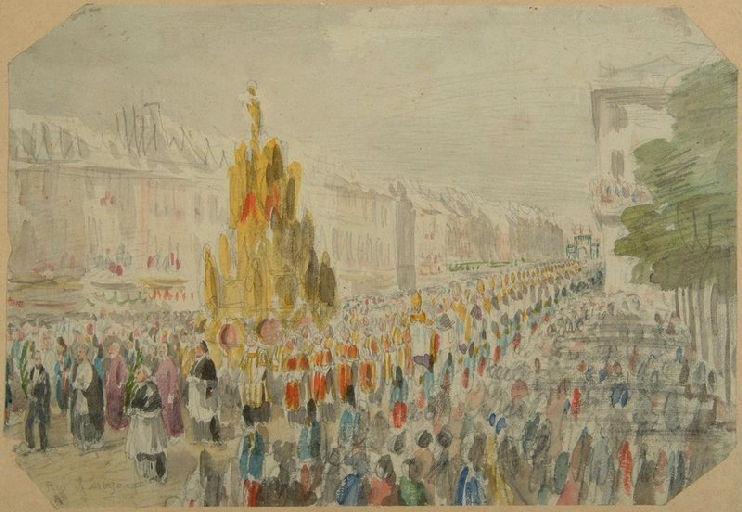 Amiens : la procession passant rue de Noyon à l'occasion de la translation des reliques de sainte Theudosie, le 12 octobre 1853, (1853) ; Amiens : le 12 octobre 1853. Char des Reliques de sainte Theudosie. Rue de Noyon