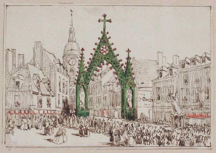 Amiens : cortège passant sous l'arc de triomphe élevé place Saint-Firmin à l'occasion de la translation des reliques de sainte Theudosie, le 12 octobre 1853, (1853) ; Amiens : translation des reliques de sainte Theudosie. Arc de triomphe de la place Saint-Firmin érigé par la paroisse Saint-Germain. De part et d'autre, les statues de saint Firmin et de saint Germain