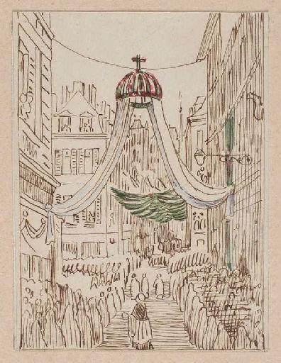 Amiens : cortège passant sous le dais suspendu rue des Chaudronniers et rue Saint-Martin à l'occasion de la translation des reliques de sainte Theudosie, le 12 octobre 1853, (1853) ; Amiens : translation des reliques de sainte Theudosie. Rue des Chaudronniers et Saint-Martin
