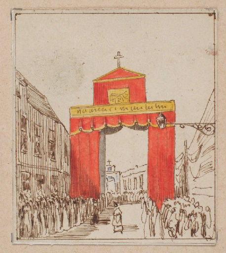 Amiens : cortège passant sous l'arc de triomphe élevé place Saint-Firmin à l'occasion de la translation des reliques de sainte Theudosie, le 12 octobre 1853, (1853) ; Amiens : translation des reliques de sainte Theudosie. Rue Gresset