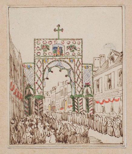 Amiens : cortège passant sous l'arc de triomphe élevé rue Gresset à l'occasion de la translation des reliques de sainte Theudosie, le 12 octobre 1853, (1853) ; Amiens : translation des reliques de sainte Theudosie. Second arc de triomphe de la rue Gresset, situé à l'extrémité de cette rue, près de la fontaine Saint-Jacques