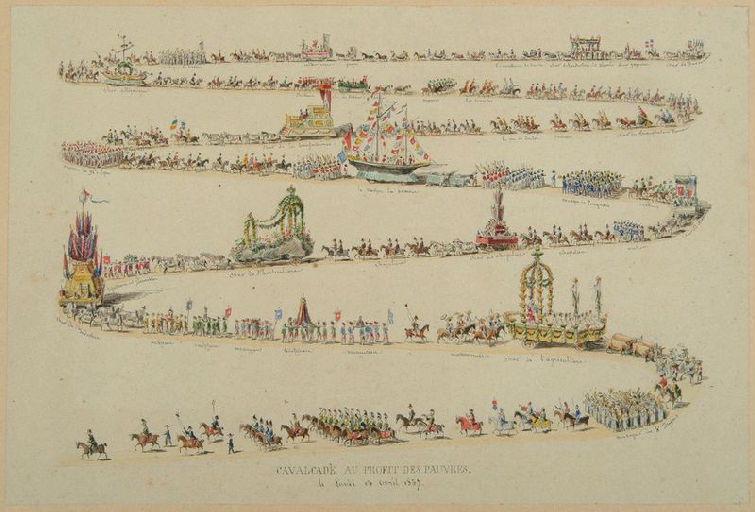 Amiens : vue développée de la cavalcade au profit des pauvres du 13 avril 1857, 1857 ; Amiens : cavalcade au profit des pauvres, le lundi 13 avril 1857