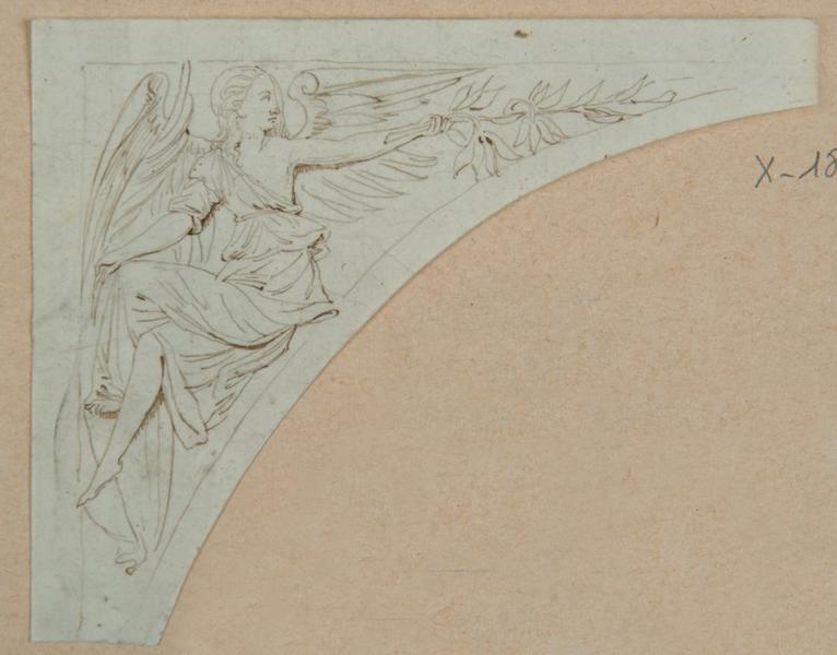 Ecoinçon de portail provenant de Berteaucourt-les-Dames ; Berteaucourt les Dames : Tympan gauche - Ange sculpté (autre titre)