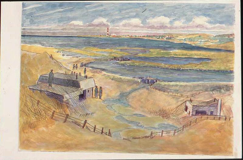 Paysage de bords de mer avec des prisonniers autour d'un blockhaus et une cheminée à l'horizon (titre factice)