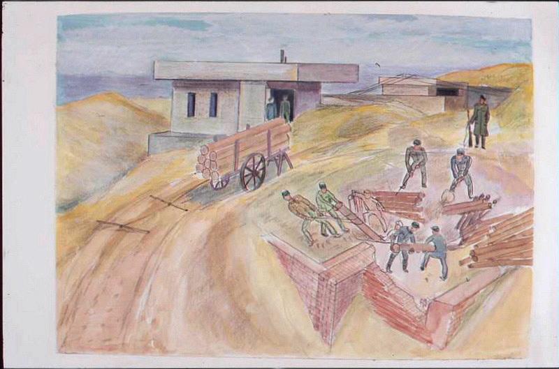 Six prisonniers travaillant à extraire des billots de bois dans des ruines ensablées (titre factice)