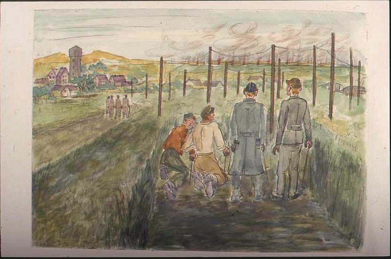 Paysage après la bataille, avec quatre personnages de dos au premier plan, tirant des mines, avec village et château d'eau à gauche (titre factice)