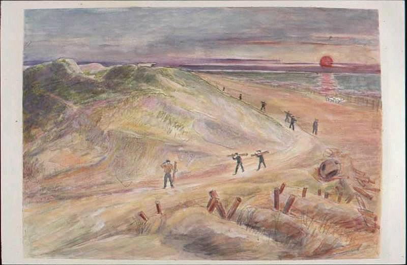 Personnes travaillant au soleil couchant dans les dunes après la bataille (titre factice)