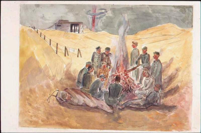 Après la bataille, prisonniers autour d'un feu dans les dunes, avec explosion à l'horizon (titre factice)