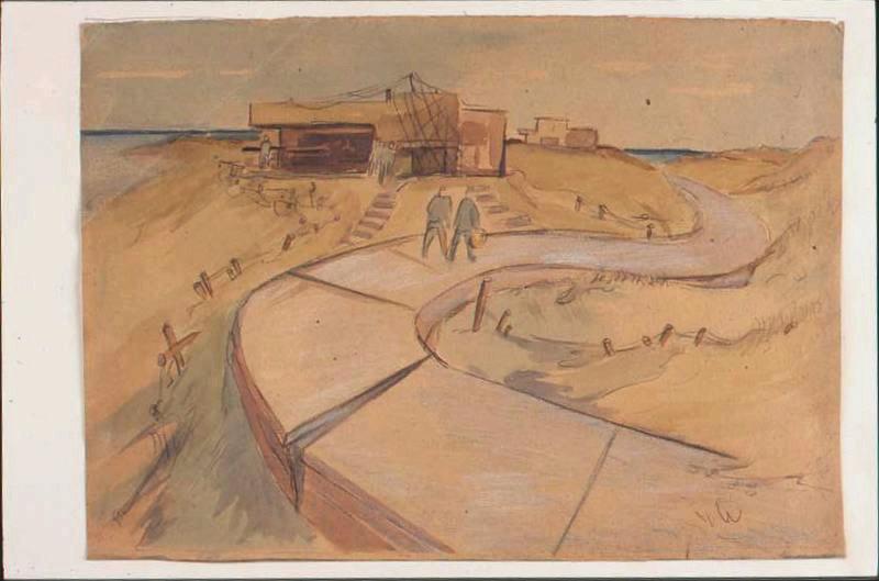 Deux prisonniers marchant sur une route dans les dunes, sur une voie devant un blockhaus (titre factice)
