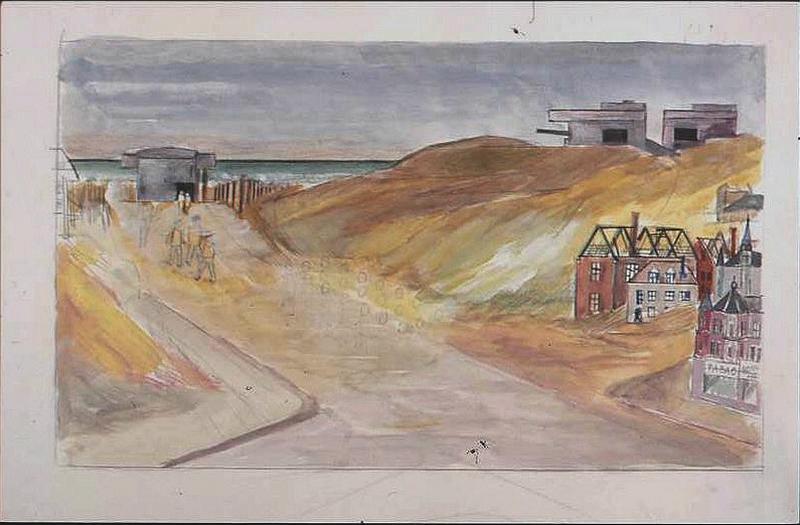 Paysage de bord de mer, avec blockhaus dans les dunes et rue d'un village (non achevé) (titre factice)