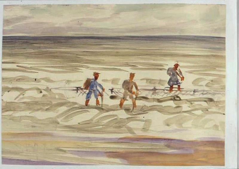 Trois personnages déminant une plage (titre factice)