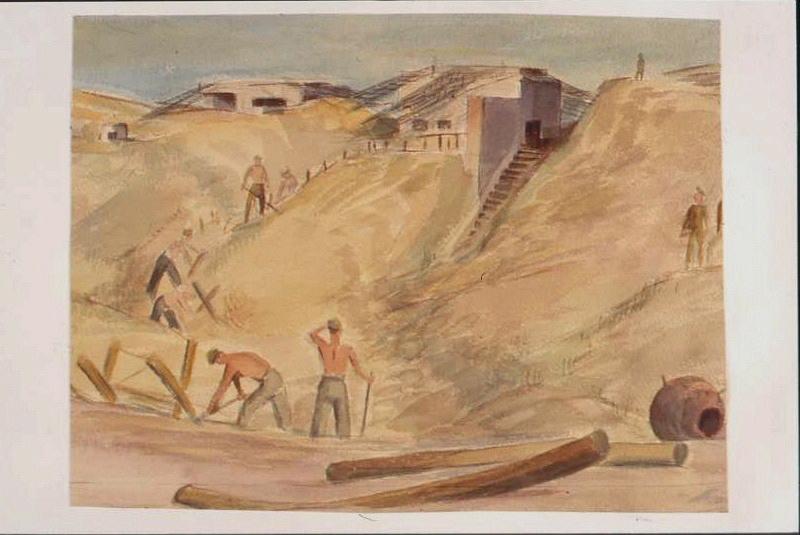 Prisonniers travaillant dans les dunes devant un blockhaus par temps sombre, avec deux billots de bois au premier plan (titre factice)