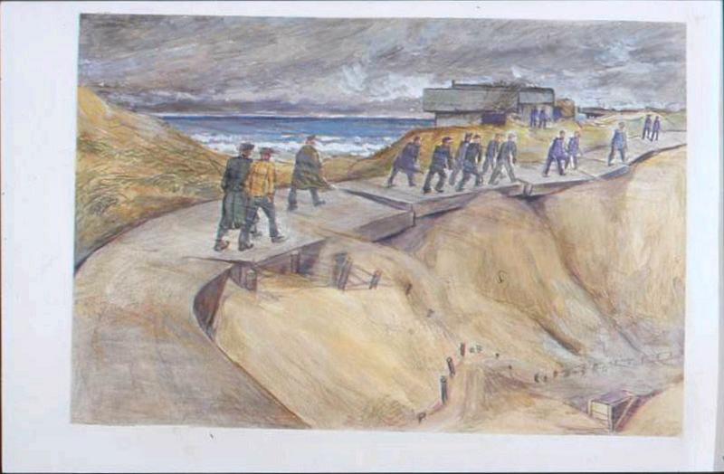 File de prisonniers marchant sur voie dans les dunes, devant un blockhaus, en bord de mer (titre factice)