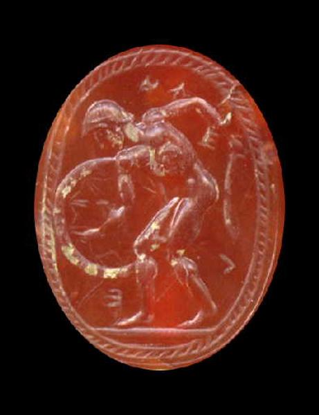 Achille portant bouclier et épée recourbée