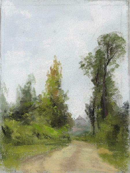 Paysage : Chemin de terre bordé d'arbres (titre factice)