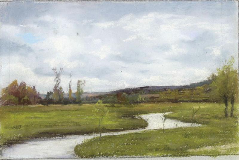 Paysage : Rivière serpentant dans la campagne (titre factice)