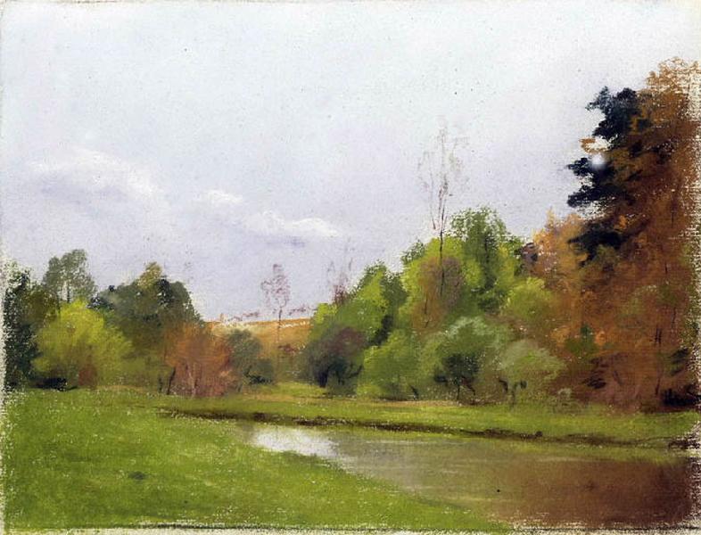 Paysage : Rivière serpentant dans la campagne (titre factice)