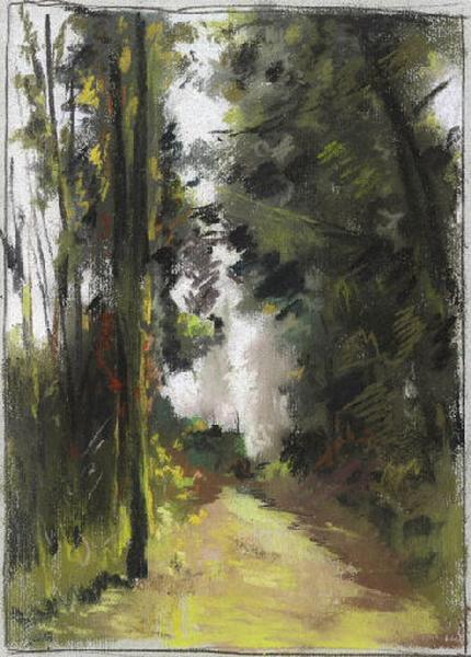 Paysage : Chemin dans la campagne, bordé d'arbres (titre factice)