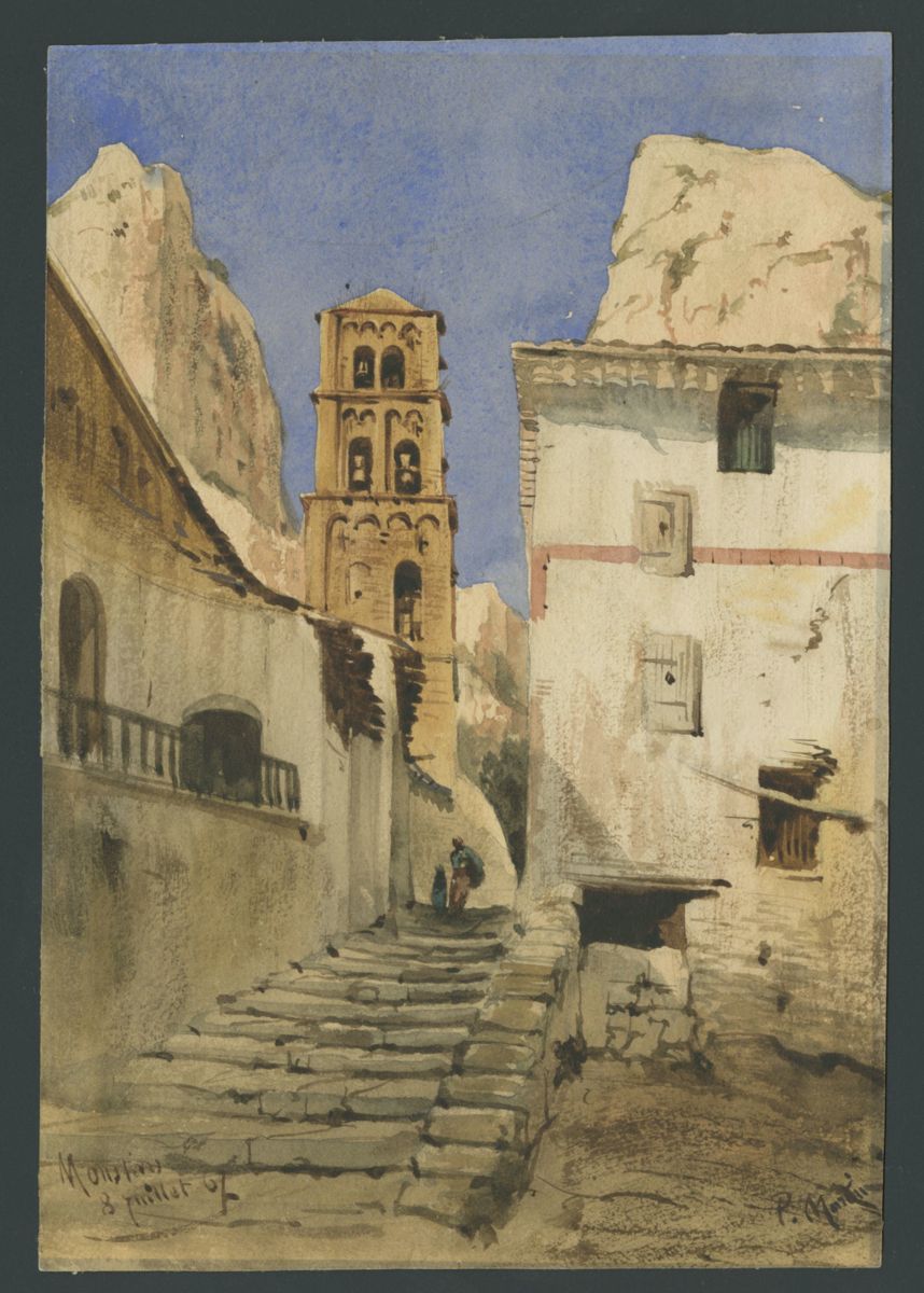 Vue de Moustiers (la rue et le clocher de l'église) ; Escalier et ruelle à Moustiers (autre titre)