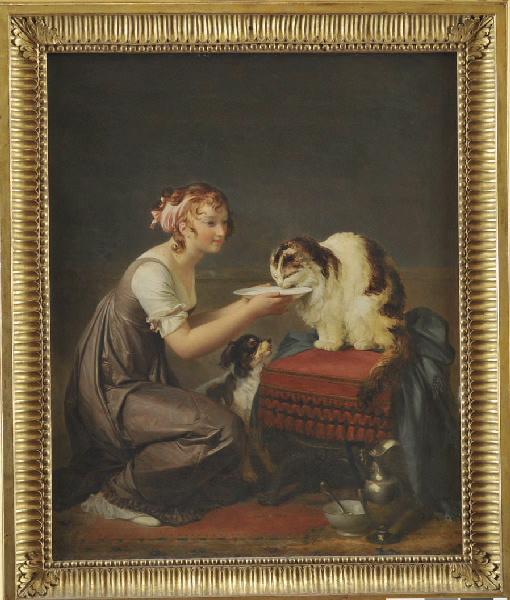 Le déjeuner du chat (titre courant) ; Jeune fille donnant à boire à son chat (autre titre)