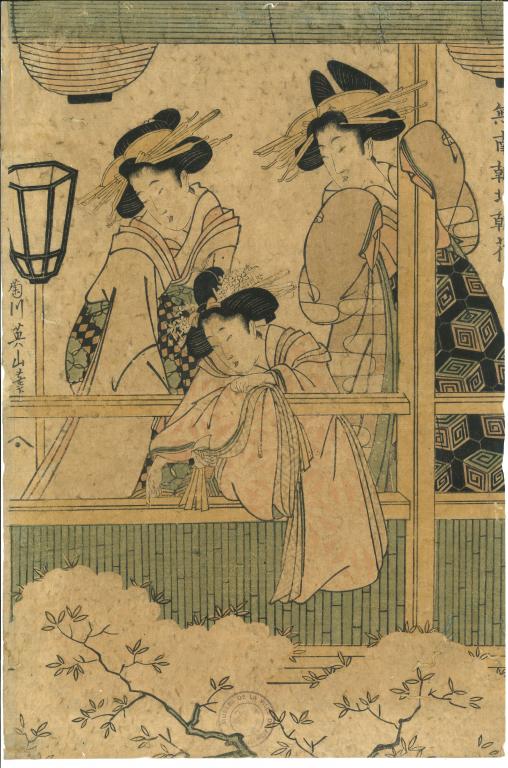 Trois jeunes femmes sur un balcon dominant des cerisiers en fleurs.