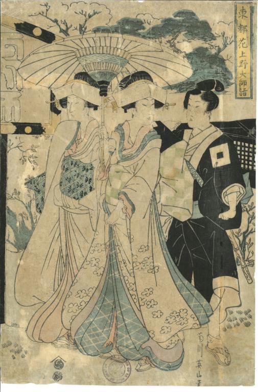 Jeunes filles en pèlerinage suivies par un jeune noble. Cerisiers  en fleurs dans la capitale de l'Est : une visite au temple de Daishi à Ueno.