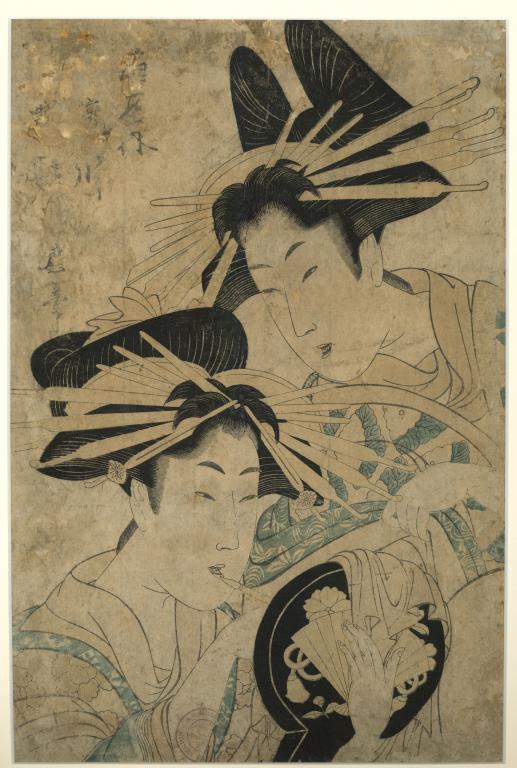 La courtisane Takikawa se fardant les lèvres, accompagnée d'Hanaogi