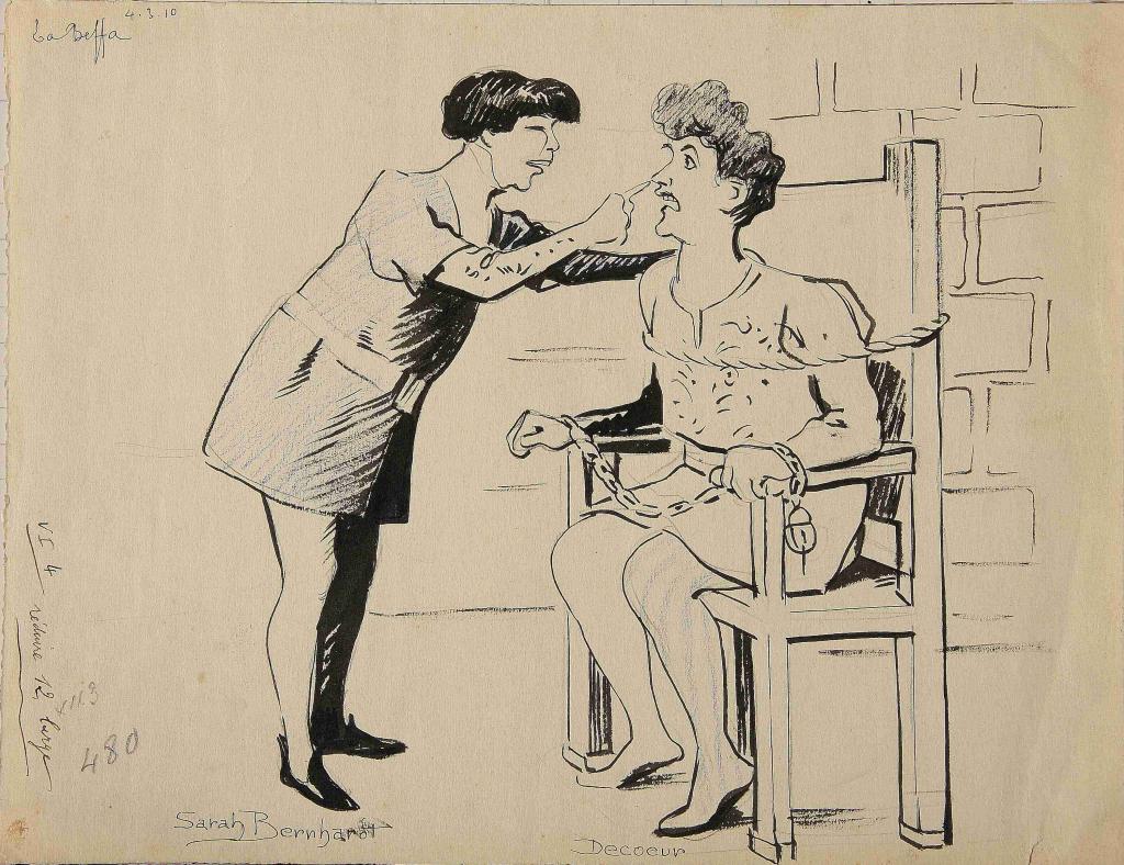 Caricature Sarah Bernhardt et Decoeur dans La Beffa