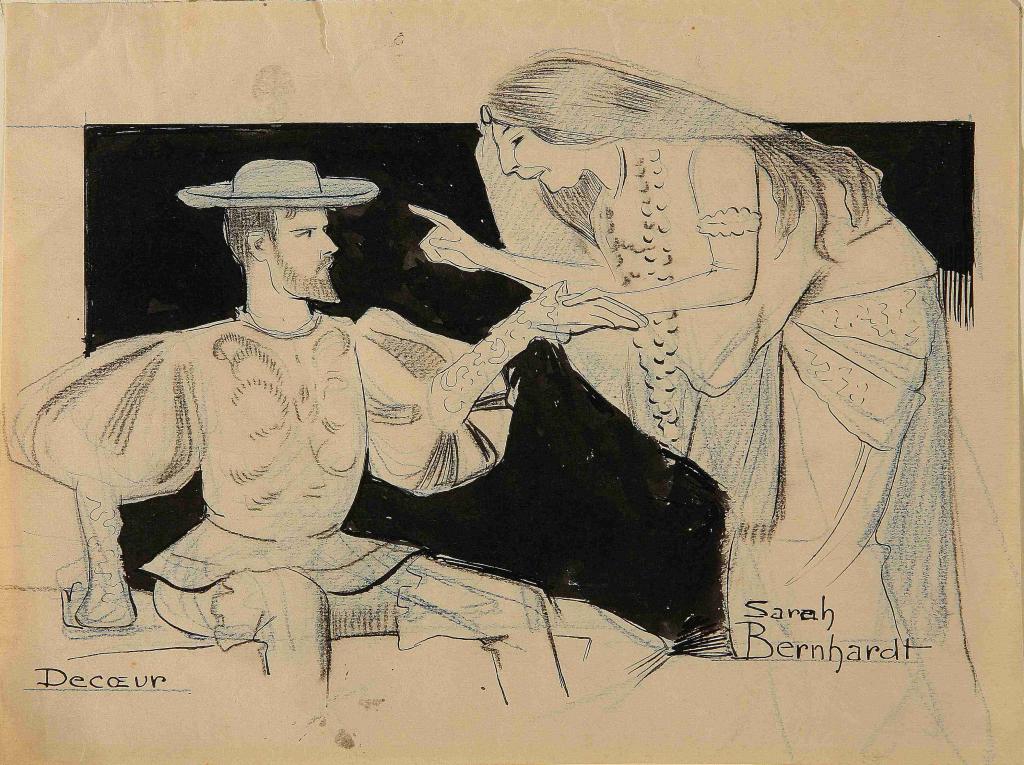 Caricature de Sarah Bernhardt et Decoeur dans "La Sorcière" (1903)