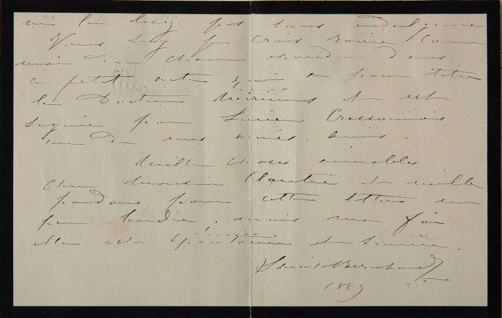 Lettre de Sarah Bernhardt à M. Clarité