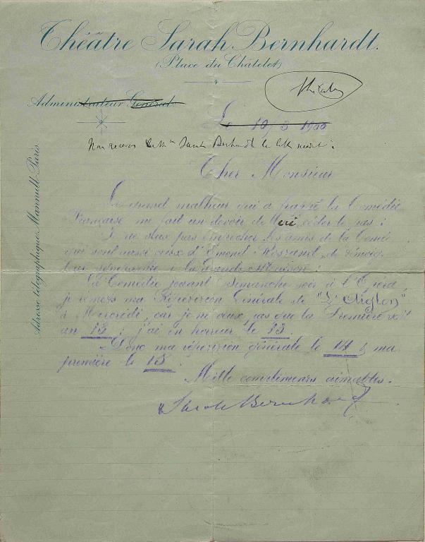 Lettre de Sarah Bernhardt  sur papier à lettre Théâtre Sarah Bernhardt